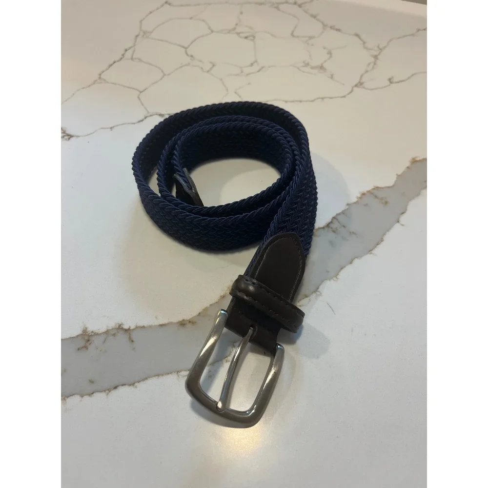 Jos A Bank Mens Navy Blue Braided Stretch Belt Brown Leather Trim Size L 30-32